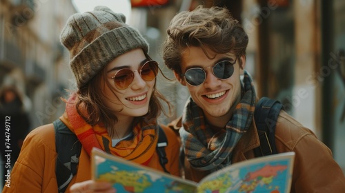 An adventurous couple in stylish winter clothing joyfully reads a map together, exploring the vibrant streets of a bustling city.