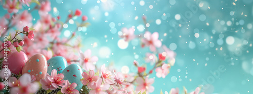 Wishing you a joyful Easter! Celebratory Easter-themed background featuring eggs and flowers