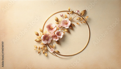  An elegant gold circle, intertwined with soft pink pastel flowers, all set against a soothing cream background