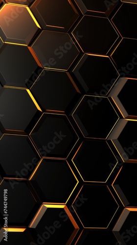 Dynamic Black Hexagonal Pattern with Luminous Orange Accents.