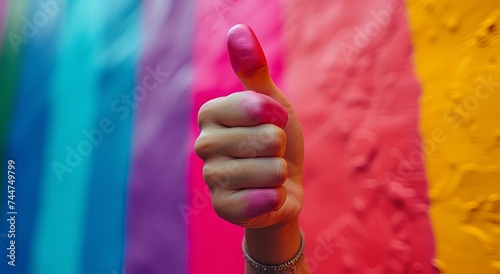 
Hand in bright paint with thumb up. Abstract painting background with approval or like gesture.
Concept: positive assessment, support and optimism in social media