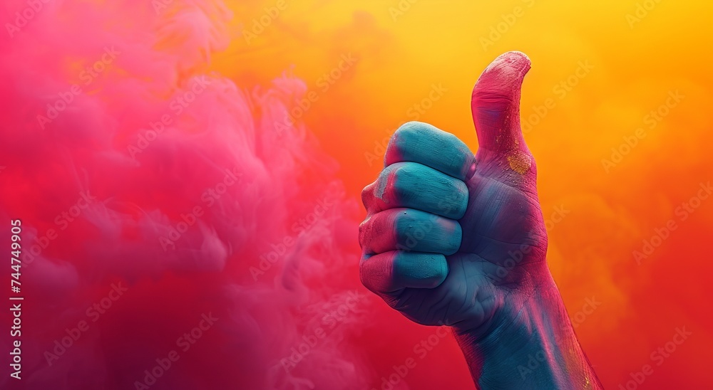 
Hand in bright paint with thumb up. Abstract painting background with approval or like gesture.
Concept: positive assessment, support and optimism in social media - obrazy, fototapety, plakaty 