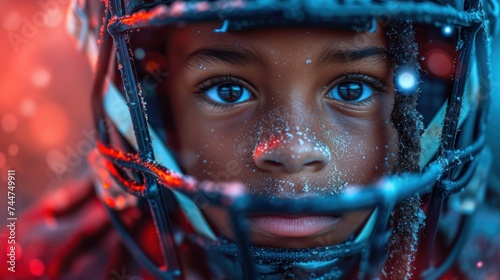  a close up of a young person wearing a football helmet with snow on it's face and a blurry background of snow flecks on his face.