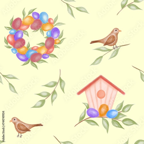 Seamless pattern with set of easter eggs and bird illustration on a yellow background