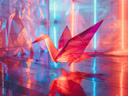Close up of an origami masterpiece embedded with futuristic biometric sensors set against a neon lit backdrop