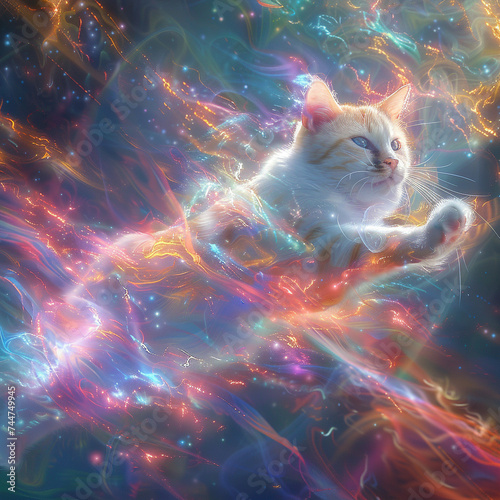 Ethereal feline leaping through a quantum portal colors and shapes blending in multidimensional space photo