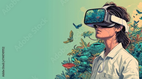 Man Experiencing Virtual Wildlife Through VR Headset in Illustrated Jungle.