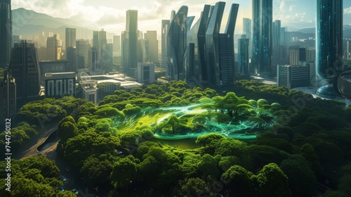 Lush Urban Park Nestled in Futuristic City with Bio-Luminescent Paths.