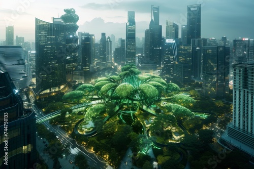 Futuristic Green Metropolis with Elevated Parks and Energy Cores.