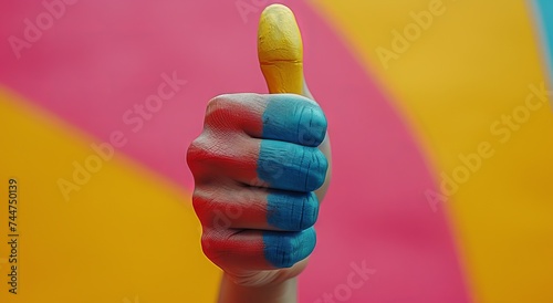 
Hand in bright paint with thumb up. Abstract painting background with approval or like gesture.
Concept: positive assessment, support and optimism in social media photo