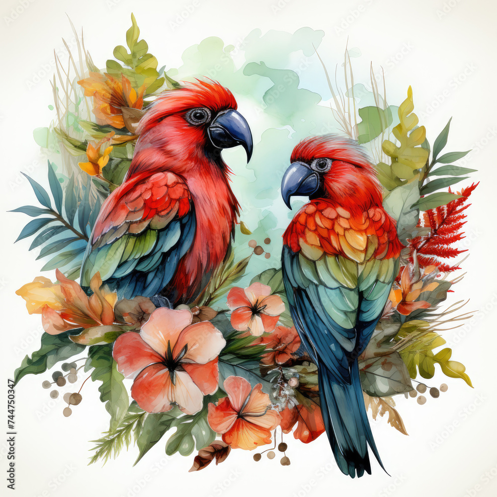 watercolor tropical summer frame with birds flower clipart, Generative Ai