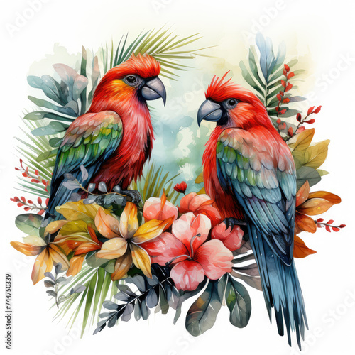 watercolor tropical summer frame with birds flower clipart, Generative Ai © creativeproartist