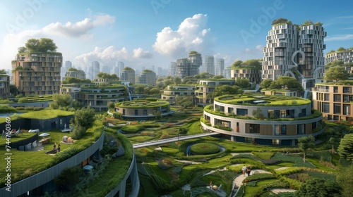 Innovative Eco-City Design with Circular Buildings and Green Rooftops.