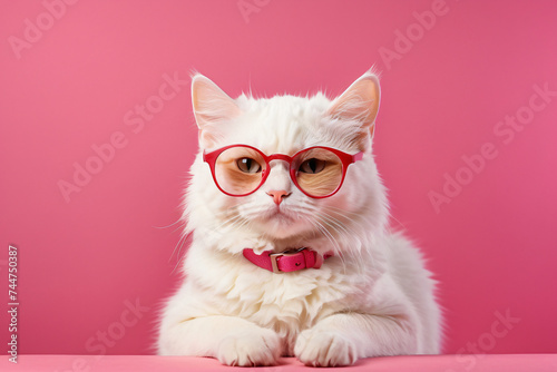 white cat red glasses pink background