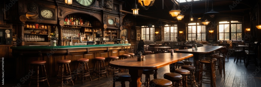 A dimly lit bar featuring wooden tables and stools, creating a cozy atmosphere for patrons to enjoy drinks