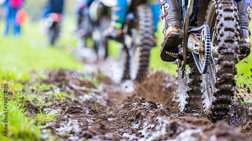 A group of motocross riders competes on a challenging muddy terrain, with a focus on the rooster tails of mud from their tires.
