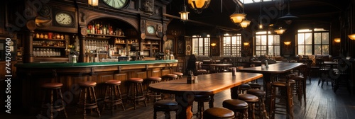 A dimly lit bar featuring wooden tables and stools, creating a cozy atmosphere for patrons to enjoy drinks