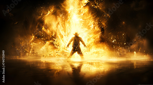 A dramatic silhouette of a person stands engulfed in a towering inferno, evoking themes of danger, bravery, or transformation. 