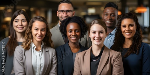 Diverse business team of different races smiling happily at the camera in an office. Concept Corporate Diversity, Office Environment, Team Collaboration, Happy Workplace, Multicultural Team