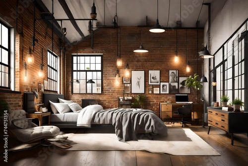 A loft-style bedroom with exposed brick walls, industrial lighting fixtures, and a mix of modern and vintage furniture. The room is a perfect blend of urban and chic