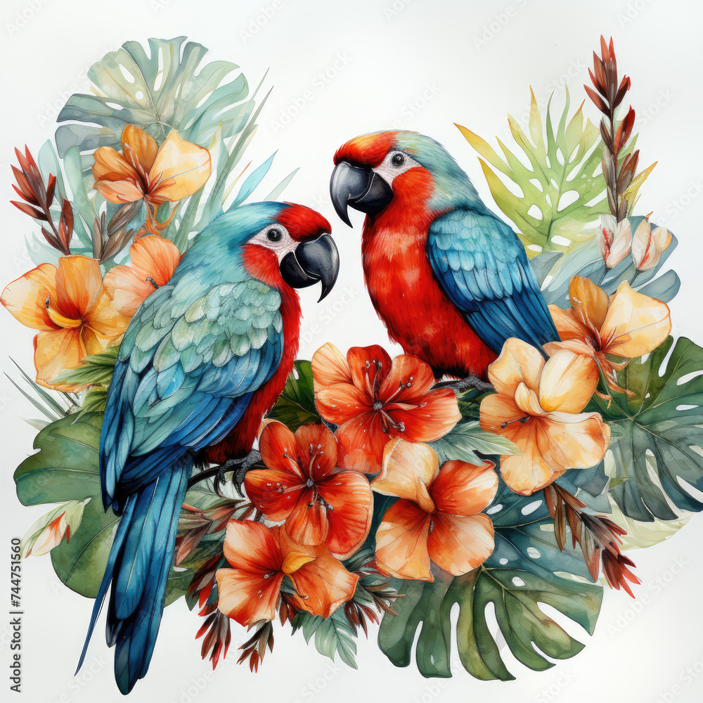 Obraz premium watercolor tropical summer frame with birds flower clipart, Generative Ai