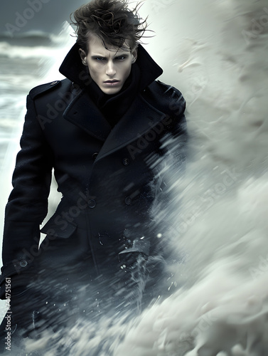 An intense young man in a stylish black coat faces a stormy sea, his hair swept by the powerful wind, embodying resilience and determination. 