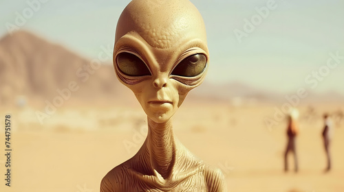A highly detailed alien creature stands in a desert landscape, evoking a sense of otherworldly encounter in a barren terrain.
 photo