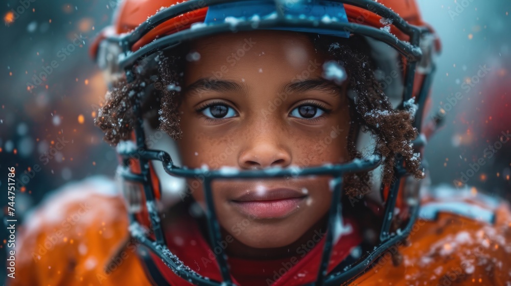  a close up of a young football player wearing a helmet with snow falling all over his face and behind him is a blurry image of a blurry background. - obrazy, fototapety, plakaty 