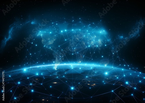 Futuristic network visualization with a blue digital wave and luminous points over the Earth's surface, ideal for tech and communications graphics