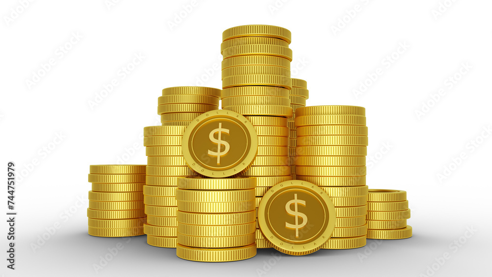 3D rendering of pile of abstract golden Dollar coins isolated on transparent background. 3D rendering of pile of abstract golden Dollar coins isolated on transparent background.