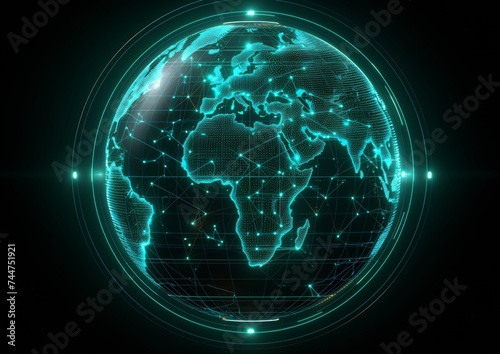 Green neon digital globe on a black background with dynamic network connections, symbolizing eco-friendly technology and sustainable global networks