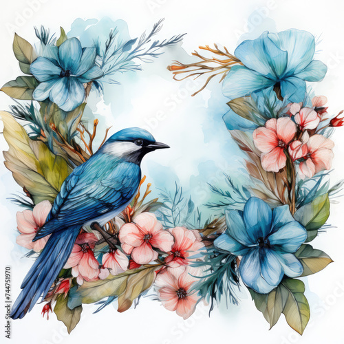 watercolor tropical summer frame with birds flower clipart, Generative Ai © creativeproartist