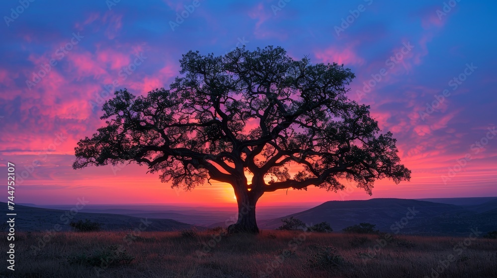 Capturing the tranquil essence of a national park with a colorful sunset and artistic tree silhouette. Capturing the tranquil essence of a national park with a colorful sunset and artistic tree silhouette.