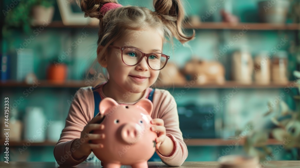 Obraz premium Girl putting coin into piggy bank at table. Money saving concept