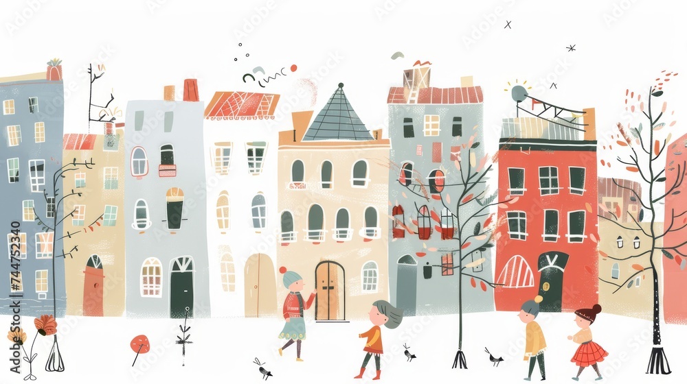 Happy children and houses illustration, depicting a diverse neighborhood, perfect for community themes, kids' education, and social concepts.