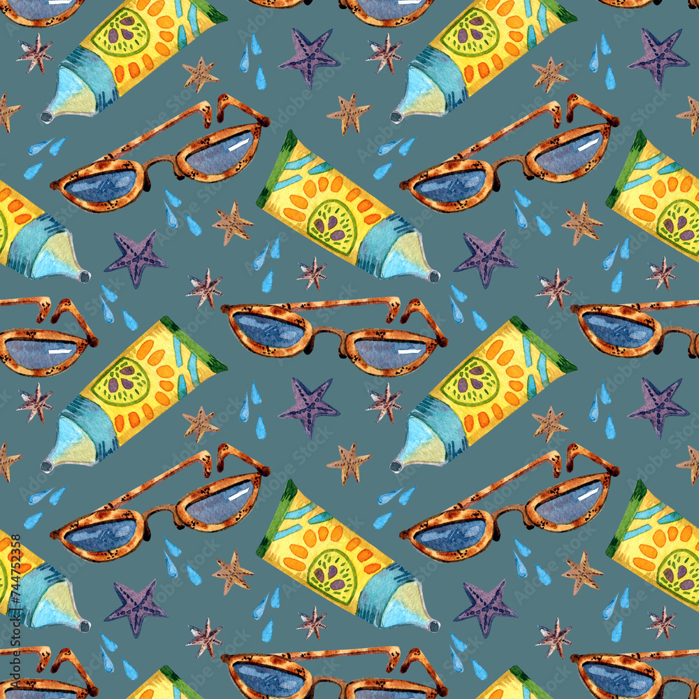 Naklejka premium Fashionable sunglasses, cream and stars on a blue background, seamless pattern.