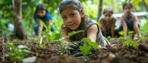 Eco-friendly activity at a school garden: students learning about composting and tree care in an educational and green environment.