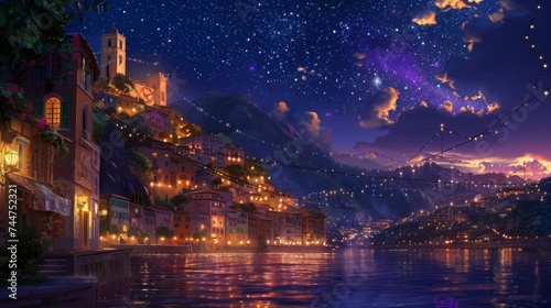 Vibrant night scene of a whimsical village with illuminated windows, set under a starry sky and a large moon, reflecting on water. Ideal for fantasy and storybook themes.