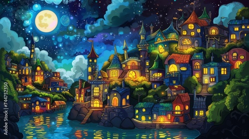 Vibrant night scene of a whimsical village with illuminated windows, set under a starry sky and a large moon, reflecting on water. Ideal for fantasy and storybook themes. © mashimara
