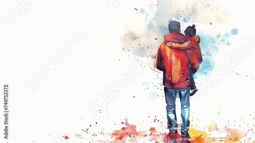 Watercolor of a father holding his child, symbolizing paternal love and care. Ideal for family, parenting, and emotional connection themes. photo