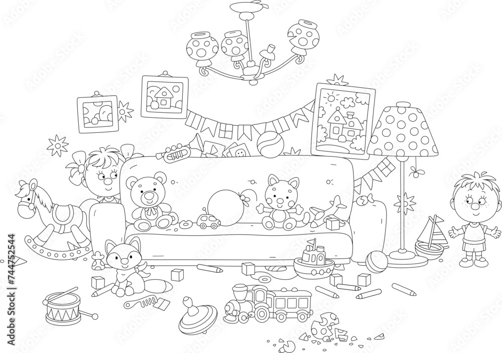 Funny little boy and girl romping and merrily playing hide and seek in their room with a big soft sofa and many toys scattered in mess, black and white vector cartoon illustration for a coloring book