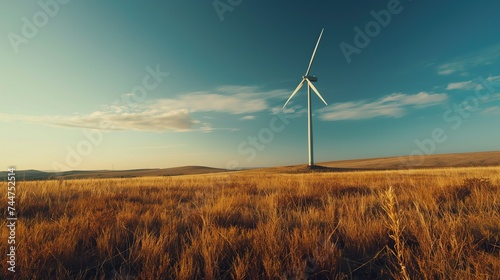 Lone Wind Turbine Standing Tall in Golden Field at Sunset photo