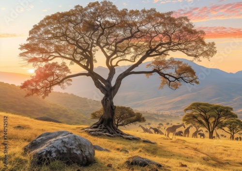 Majestic Lone Tree Standing Against a Sunset Background in a Scenic Mountainous Landscape