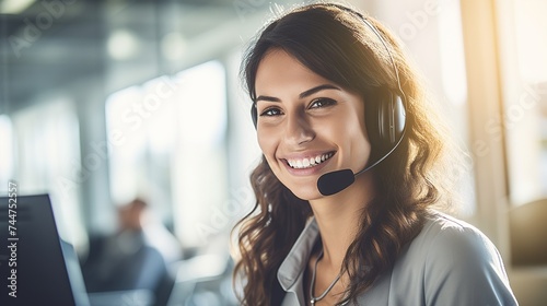 Smiling young customer service Woman wearing headphones in the Office