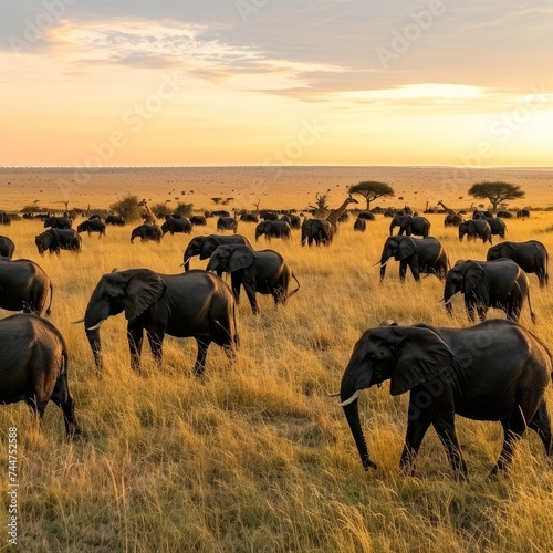 Herd of Elephants Roaming the Golden Savannah at Sunset