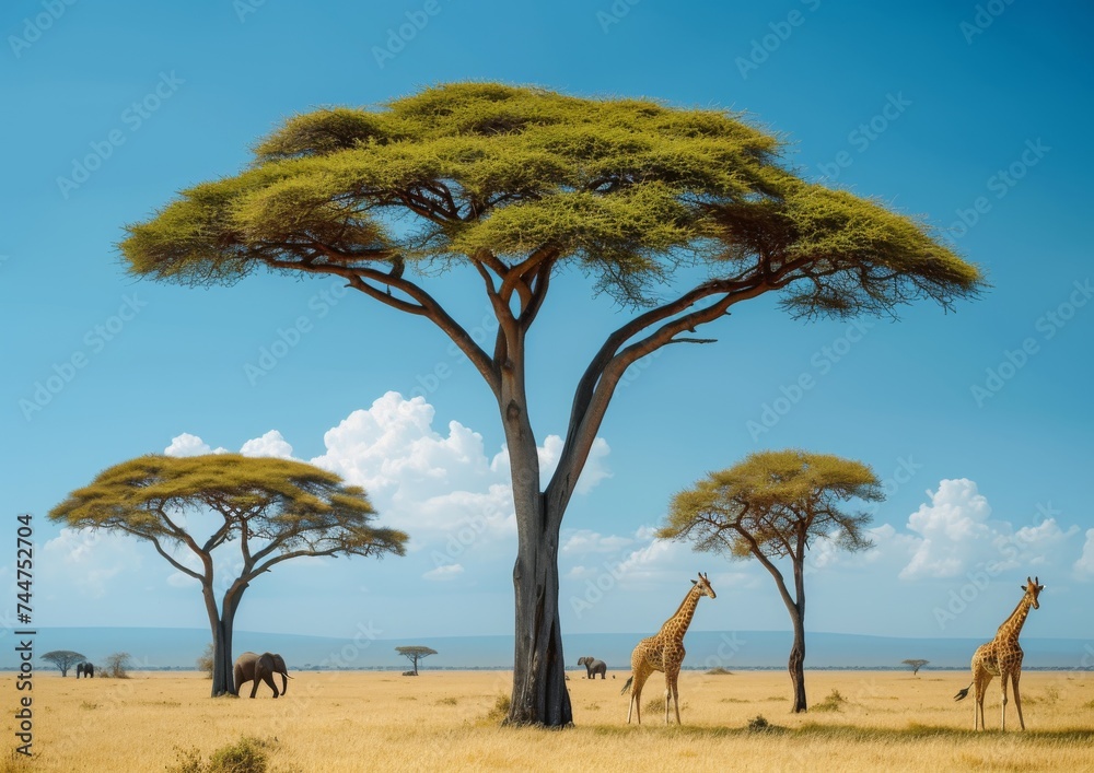 African Savannah Landscape with Giraffes and Acacia Trees Under a Clear Blue Sky African Savannah Landscape with Giraffes and Acacia Trees Under a Clear Blue Sky