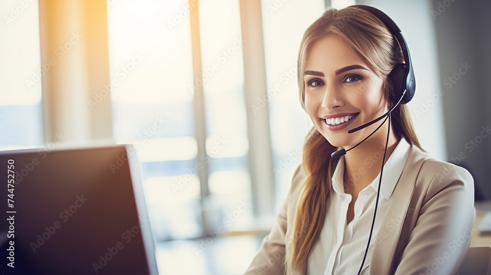 Smiling young customer service Woman wearing headphones in the Office Smiling young customer service Woman wearing headphones in the Office