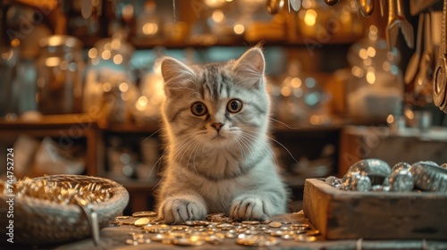  a kitten sitting on top of a table next to a bowl of gold coins and a basket of silver coins in front of a shelf full of gold and silver ornaments. © Mikus