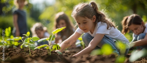 Schoolchildren learn climate action by planting trees, outdoor education, in a vibrant school garden on a sunny day.