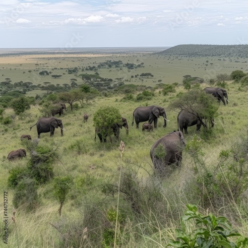 Dense Elephant Population Grazing in a Lush Green African Landscape